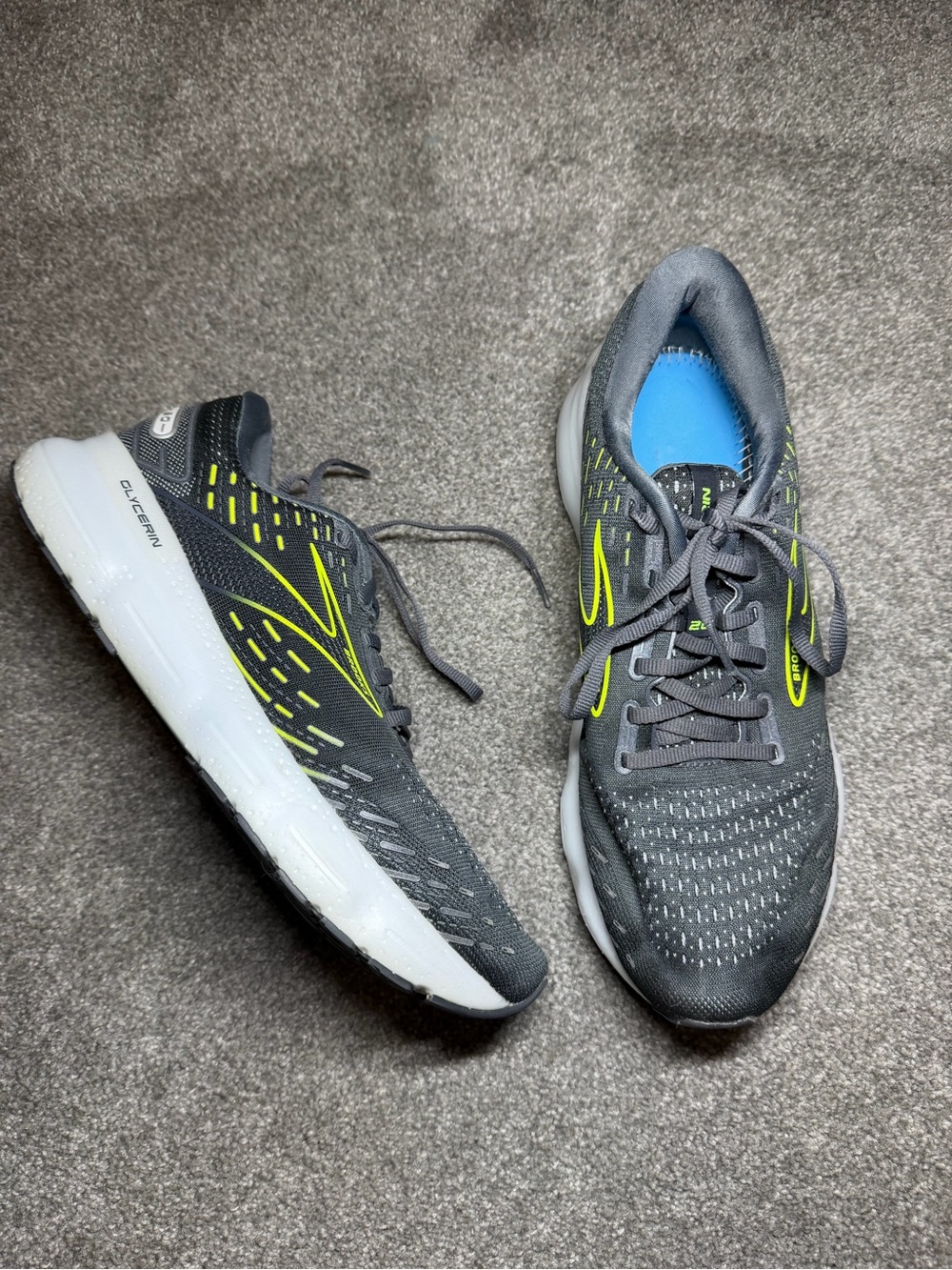 Brooks Glycerin 20 Mens Size 10.5 Gray Lime Running Shoes (MISSING INSOLES)